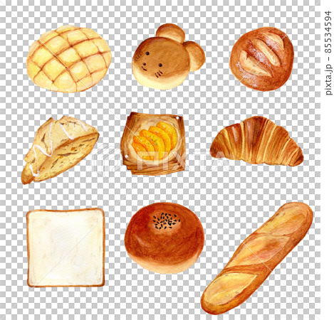 Hand-drawn watercolor cute bread illustration set (melon bread, bean bun, sliced bread, croissant, French bread, sweet Hand-drawn watercolor cute bread illustration set (melon bread, bean bun, sliced bread, croissant, French bread, sweet 85534594
