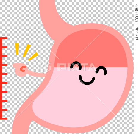目盛りを指さす胃のキャラクター、腹七分目 85535069