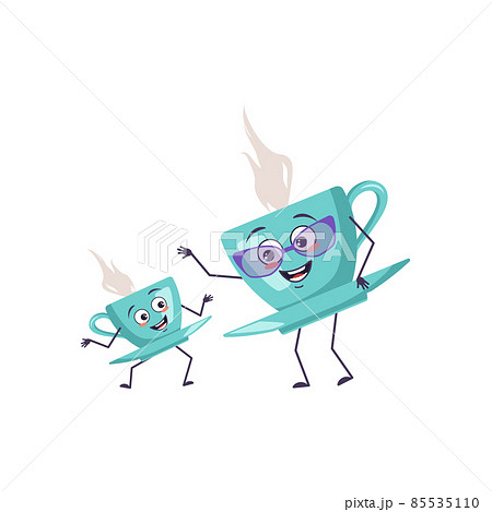 Cute cup of tea character with happy emotions and smiling face. Funny grandmother with glasses and dancing grandson with arms and legs. The joyful mug with saucer for a cafe. Vector flat illustration Cute cup of tea character with happy emotions and smiling face. Funny grandmother with glasses and dancing grandson with arms and legs. The joyful mug with saucer for a cafe. Vector flat illustration 85535110