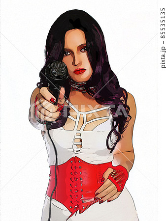 1980s Style Singer With Microphone Wearing White and Red Clothing 85535135