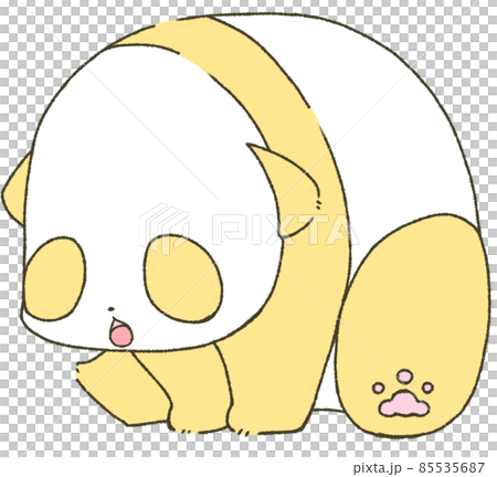 A child's panda (yellow) who sits down and leans forward to open his mouth 85535687