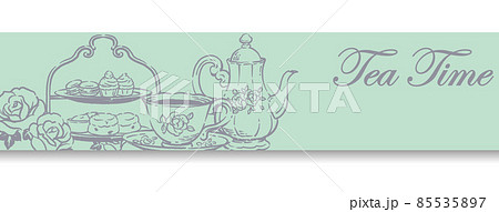 ティー タイム アンティーク小物のイラストを使ったバナー デザイン ティーポットやティーカップ ベクのイラスト素材