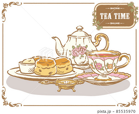 ティー・タイム、アンティーク小物のイラスト素材。ティーポットやティーカップ。ベクターイラスト素材 85535970