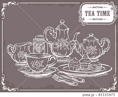 ティー・タイム、アンティーク小物のイラスト素材。ティーポットやティーカップ。ベクターイラスト素材 ティー・タイム、アンティーク小物のイラスト素材。ティーポットやティーカップ。ベクターイラスト素材 85535975
