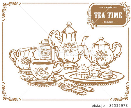 ティー・タイム、アンティーク小物のイラスト素材。ティーポットやティーカップ。ベクターイラスト素材 ティー・タイム、アンティーク小物のイラスト素材。ティーポットやティーカップ。ベクターイラスト素材 85535978