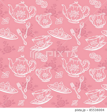 アンティーク小物のシームレスパターン素材。ティーポットやティーカップ。ベクターイラスト素材 85536004