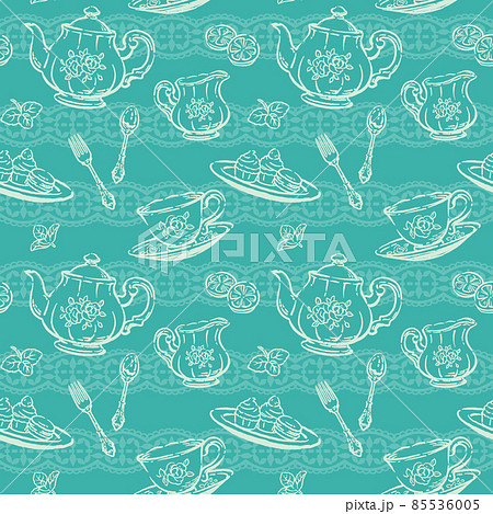 アンティーク小物のシームレスパターン素材。ティーポットやティーカップ。ベクターイラスト素材 85536005
