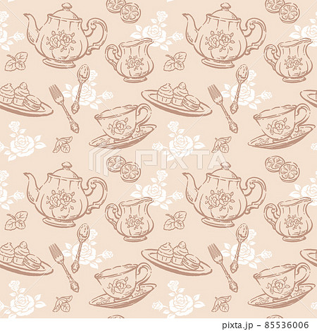 アンティーク小物のシームレスパターン素材。ティーポットやティーカップ。ベクターイラスト素材 85536006