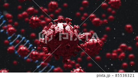 DNA structure and Covid-19 cells against black background 85536321