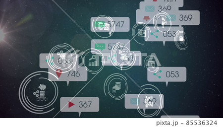 Image of social media icons on banners over scopes scanning and data processing 85536324