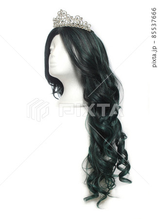 Black and Green Long Wig on Mannequin Head with tiara 85537666