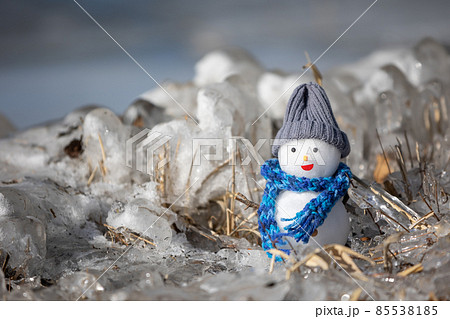 氷結した湖畔に手作りの雪だるま 氷結した湖畔に手作りの雪だるま 85538185