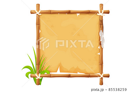 Frame from bamboo sticks, old paper, rope, grass in comic cartoon style isolated on white background. Tribal, rural clip art. Ui game asset. 85538259