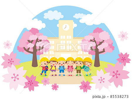 桜咲く小学校の前で手を繋いで立っている可愛い小学生のイラスト ドーム型 クリップアート 白背景 桜咲く小学校の前で手を繋いで立っている可愛い小学生のイラスト ドーム型 クリップアート 白背景 85538273