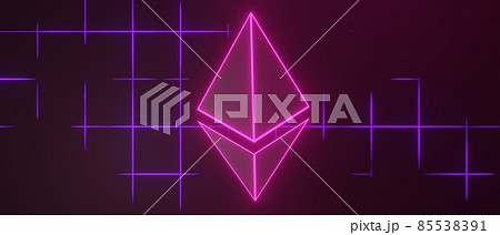 3d render of cryptocurrency Ethereum or ETH coins with technology network neon laser light. Cryptocurrency digital currency concept. New virtual money exchange in blockchain. 85538391