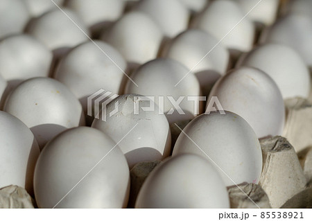Broken chicken egg. Cardboard tray with white chicken eggs. Seve 85538921