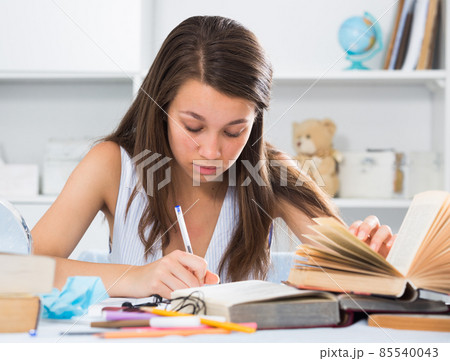 Girl is writing a review of novel Girl is writing a review of novel 85540043