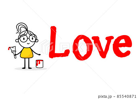 Woman draw red word love isolated on white background. Hand drawn doodle line art female. Concept of love. Vector stock illustration. 85540871