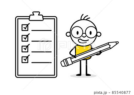 Businessman with a pencil checking a checkinglist. Hand drawn doodle man. Business concept with funny stickman. Vector stock illustration. Businessman with a pencil checking a checkinglist. Hand drawn doodle man. Business concept with funny stickman. Vector stock illustration. 85540877