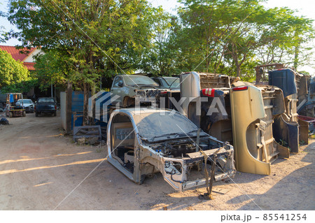 Industry factory of broken old cars crash from accidents. Transportation used vehicles. 85541254
