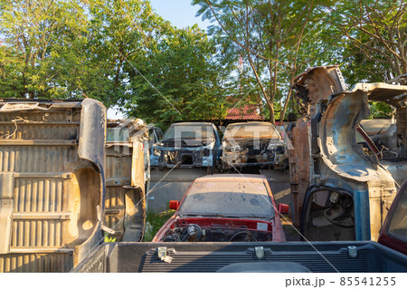 Industry factory of broken old cars crash from accidents. Transportation used vehicles. Industry factory of broken old cars crash from accidents. Transportation used vehicles. 85541255
