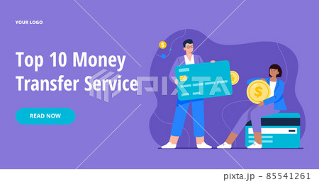 Money transfer from and to a card. Man sends money to woman's debit or credit card. Modern technologies, payments, transactions. Vector flat illustration for banners, webpage. Money transfer from and to a card. Man sends money to woman's debit or credit card. Modern technologies, payments, transactions. Vector flat illustration for banners, webpage. 85541261