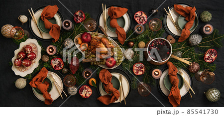 Christmas holiday dinner festive table setting 85541730