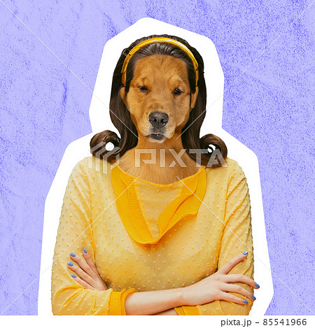 Contemporary artwork, conceptual collage. Woman headed by dog head. Trendy colors. Concept of fashion Contemporary artwork, conceptual collage. Woman headed by dog head. Trendy colors. Concept of fashion 85541966