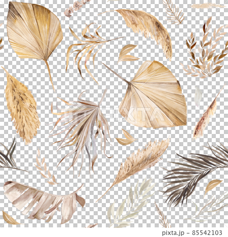 Watercolor Bohemian seamless pattern with dried tropical leaves illustration 85542103
