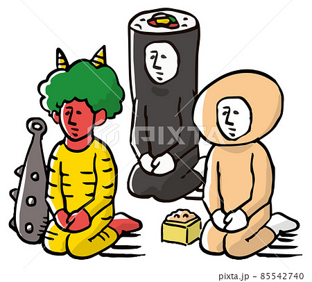 節分 座る鬼と豆と恵方巻きの着ぐるみを着た人物 節分 座る鬼と豆と恵方巻きの着ぐるみを着た人物 85542740