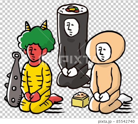 節分 座る鬼と豆と恵方巻きの着ぐるみを着た人物 節分 座る鬼と豆と恵方巻きの着ぐるみを着た人物 85542740