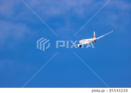 大阪空港を離陸して上昇を続ける旅客機・JAL A350 大阪空港を離陸して上昇を続ける旅客機・JAL A350 85543239