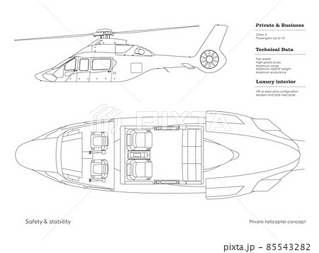 Outline private helicopter interior. Isolated cockpit blueprint. Top, side view of business vehicle. Cabin drawing. Modern transportation 85543282