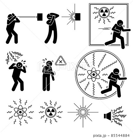 Radioactive hazard, biohazard, UV optical ray light, X-ray radiation, loud noise, and irritant to human. Warning sign, danger risk symbol, and safety precaution at workplace. 85544884