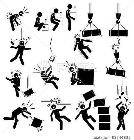 Warning sign, danger risk symbol, and safety precaution at workplace. Vector illustrations pictogram of manual handling, dangerous object things falling from above and dropping boxes hazard. Warning sign, danger risk symbol, and safety precaution at workplace. Vector illustrations pictogram of manual handling, dangerous object things falling from above and dropping boxes hazard. 85544885