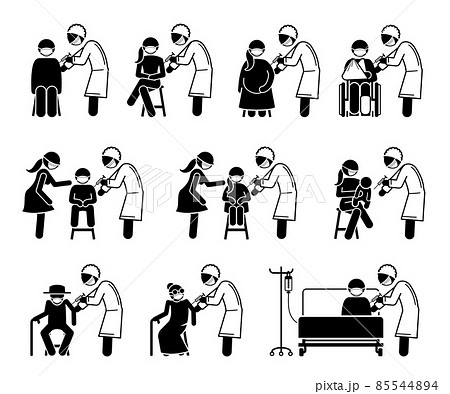 Vaccine vaccination injection for people stick figure pictogram icon. Vector illustrations depict doctor or nurse giving vaccine injection to man, woman, pregnant, children, baby, elderly and sick. 85544894