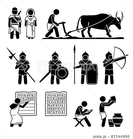 Ancient History Bronze Age Medieval Human Civilization in Middle Age. Vector illustrations depict human technology development during the bronze age and medieval people from the Middle Age. 85544900