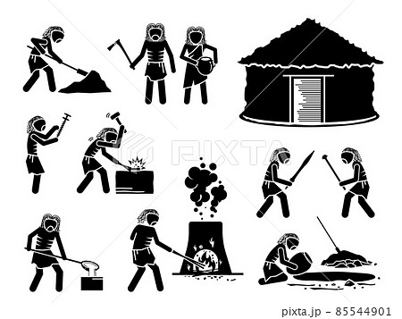 Prehistory Prehistoric Copper Stone Age Ancient Human. Vector illustrations depict primitive human people from copper stone age of the Chalcolithic or Eneolithic time period era. 85544901