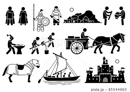 Ancient History Iron Age Medieval Human Civilization in Middle Age. Vector illustrations depict human technology development during the Iron Age and medieval people from the Middle Age. 85544903