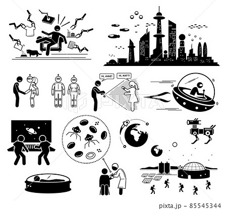 Future Futuristic World Science Fiction. Vector illustrations depict human technologies and scene in the far future. Future Futuristic World Science Fiction. Vector illustrations depict human technologies and scene in the far future. 85545344