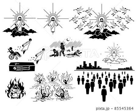 Second Coming and Resurrection in Judgement Day or Final Last Day. Vector illustration depicts Jesus arrival back to Earth to raise and restore all mortal body to life again. 85545364