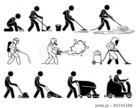 Commercial and industrial cleaning services worker with equipment. Vector illustrations of people sweeping, cleaning, washing, vacuuming, and disinfect for hygiene. 85545366
