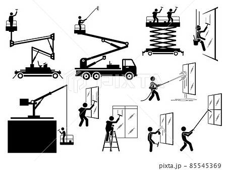 High rise building sky scrappers window cleaning, facade washing, and building exterior painting. Vector illustrations of wiping building windows with articulated truck, crane, and aerial platform. 85545369