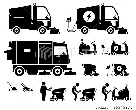 Commercial industrial indoor and outdoor road sweeper truck, street cleaning vehicles, and floor scrubbing machine. Vector illustrations of different type of road sweeper and cleaning vehicle machine. Commercial industrial indoor and outdoor road sweeper truck, street cleaning vehicles, and floor scrubbing machine. Vector illustrations of different type of road sweeper and cleaning vehicle machine. 85545370