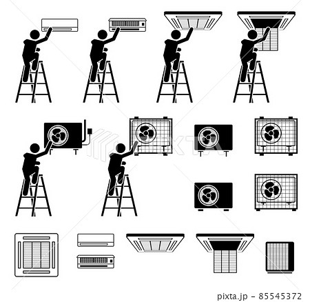 AC air conditioner conditioning unit. Man checking servicing air-conditioner unit at indoor and outdoor compressor. Vector illustration of technician installing and inspecting AC unit. 85545372
