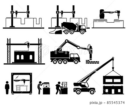 Building house using 3d printer and creating modular home. Vector illustrations of 3d printing technology to build home and rapid prototyping for products. 85545374