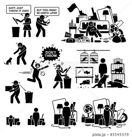 Obsessive compulsive disorder OCD. Hoarder hoarding mental disorder. Vector illustrations of hoarder suffering with hoarding obsessive compulsive disorder OCD by keeping too many things and animals. 85545379