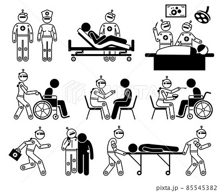 Robot healthcare worker and humanoid robotic caregiver. Vector illustrations of robot cyborg doctor, nurse, surgeon, caregiver, and paramedic. Robot healthcare worker and humanoid robotic caregiver. Vector illustrations of robot cyborg doctor, nurse, surgeon, caregiver, and paramedic. 85545382