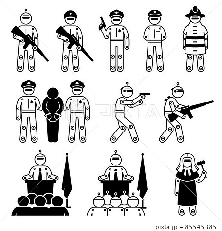 Robot humanoid soldier, police, government, judge and authority. Vector illustrations of robot enforcer, cyborg police and army with gun, and artificial intelligence president and leader. 85545385