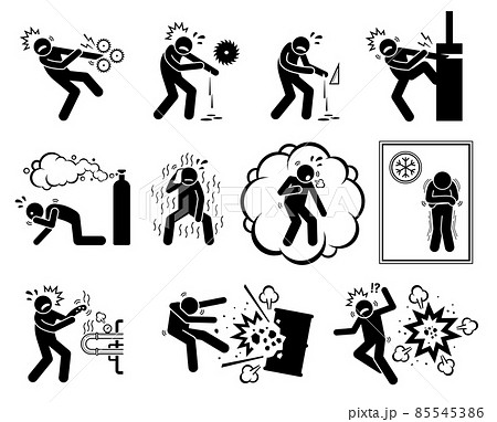 Warning sign, danger risk symbol, and safety precaution at workplace. Vector illustration pictogram of pinch point, sharp object, entrapment hazard, toxic gas, sub-zero, hot temperature and explosion. 85545386